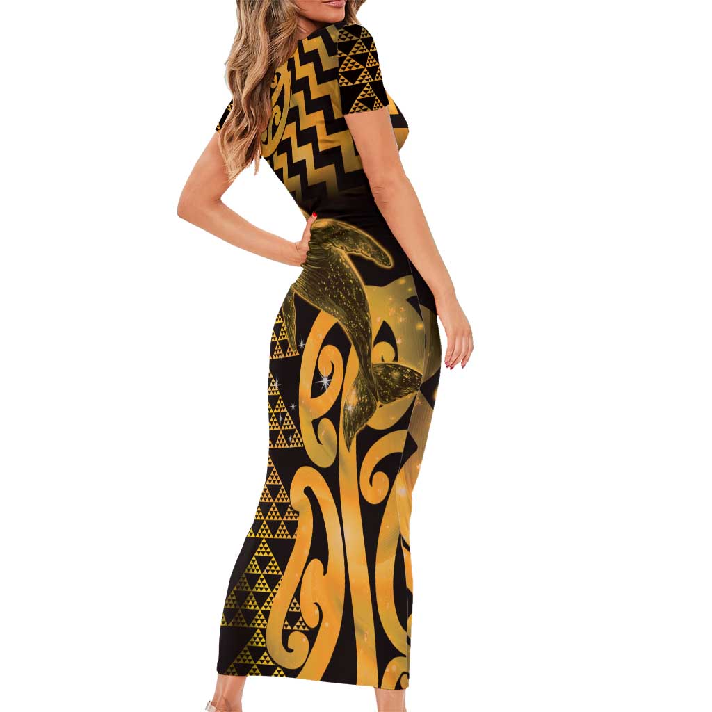 Humpback Whale Matariki New Zealand Short Sleeve Bodycon Dress NZ Maori Paikea Poutama Luxury Gold
