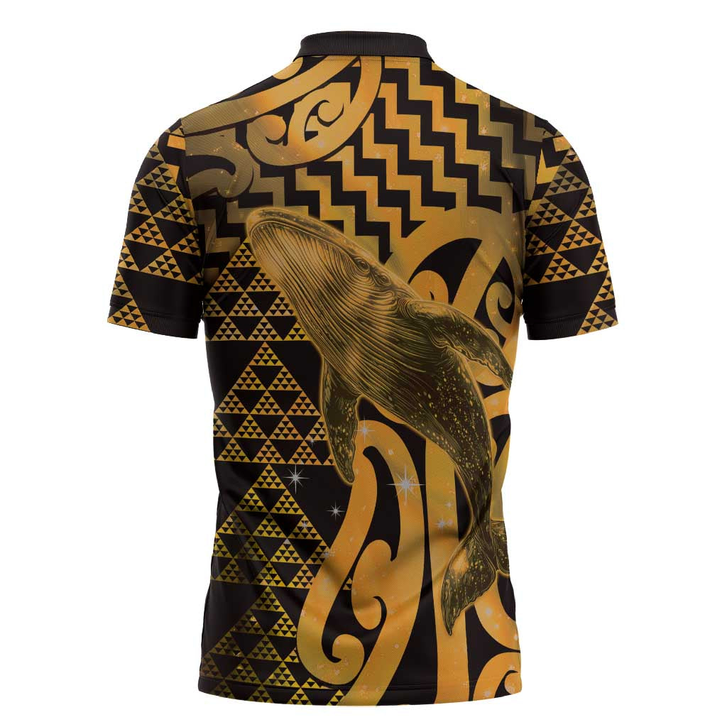 Humpback Whale Matariki New Zealand Zipper Polo Shirt NZ Maori Paikea Poutama Luxury Gold