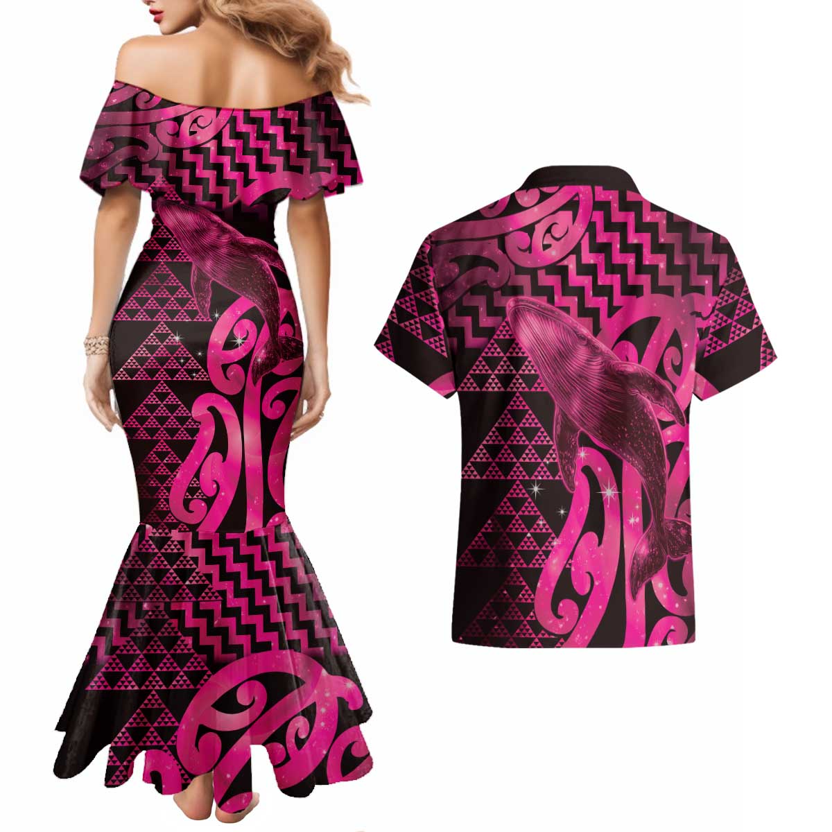 Humpback Whale Matariki New Zealand Couples Matching Mermaid Dress and Hawaiian Shirt NZ Maori Paikea Poutama Luxury Pink LT14 - Polynesian Pride