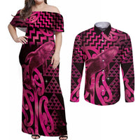 Humpback Whale Matariki New Zealand Couples Matching Off Shoulder Maxi Dress and Long Sleeve Button Shirt NZ Maori Paikea Poutama Luxury Pink