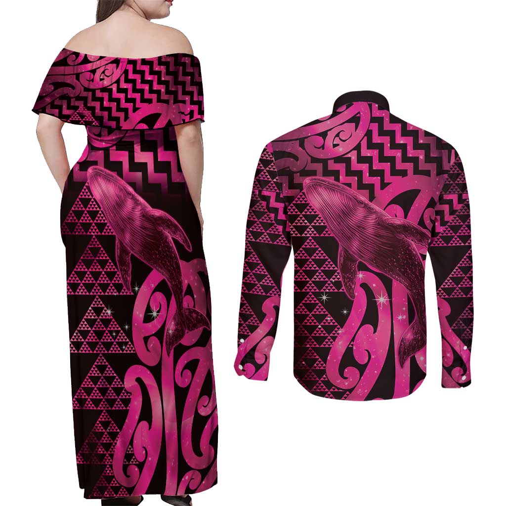 Humpback Whale Matariki New Zealand Couples Matching Off Shoulder Maxi Dress and Long Sleeve Button Shirt NZ Maori Paikea Poutama Luxury Pink