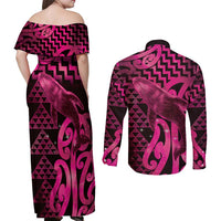 Humpback Whale Matariki New Zealand Couples Matching Off Shoulder Maxi Dress and Long Sleeve Button Shirt NZ Maori Paikea Poutama Luxury Pink