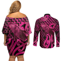 Humpback Whale Matariki New Zealand Couples Matching Off Shoulder Short Dress and Long Sleeve Button Shirt NZ Maori Paikea Poutama Luxury Pink