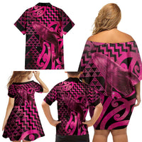 Humpback Whale Matariki New Zealand Family Matching Off Shoulder Short Dress and Hawaiian Shirt NZ Maori Paikea Poutama Luxury Pink
