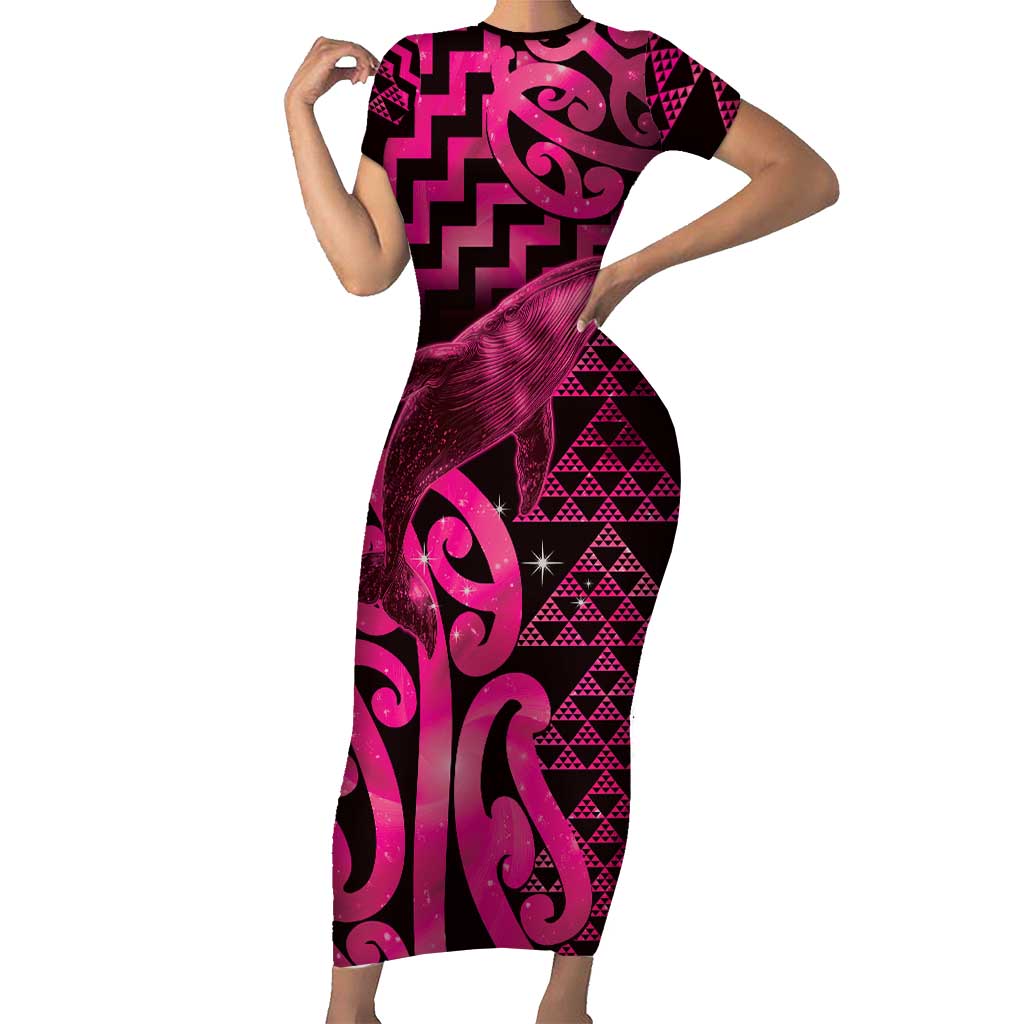 Humpback Whale Matariki New Zealand Short Sleeve Bodycon Dress NZ Maori Paikea Poutama Luxury Pink