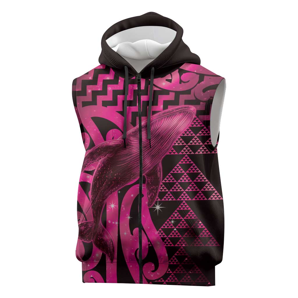 Humpback Whale Matariki New Zealand Sleeveless Zip Hoodie NZ Maori Paikea Poutama Luxury Pink