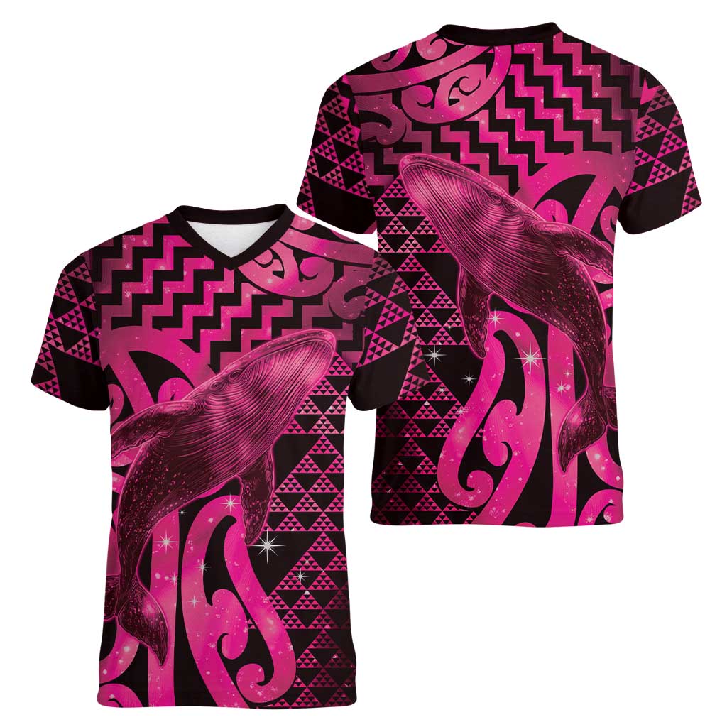 Humpback Whale Matariki New Zealand Women V-Neck T-Shirt NZ Maori Paikea Poutama Luxury Pink