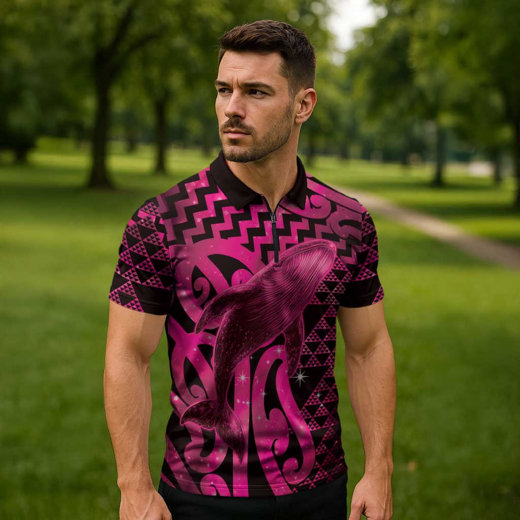 Humpback Whale Matariki New Zealand Zipper Polo Shirt NZ Maori Paikea Poutama Luxury Pink