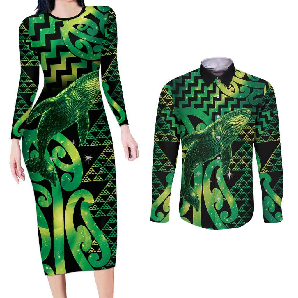 Humpback Whale Matariki New Zealand Couples Matching Long Sleeve Bodycon Dress and Long Sleeve Button Shirt NZ Maori Paikea Poutama Luxury Green