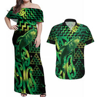 Humpback Whale Matariki New Zealand Couples Matching Off Shoulder Maxi Dress and Hawaiian Shirt NZ Maori Paikea Poutama Luxury Green