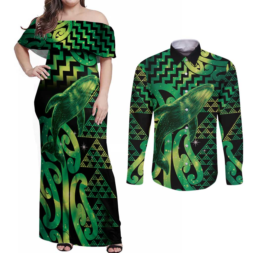 Humpback Whale Matariki New Zealand Couples Matching Off Shoulder Maxi Dress and Long Sleeve Button Shirt NZ Maori Paikea Poutama Luxury Green