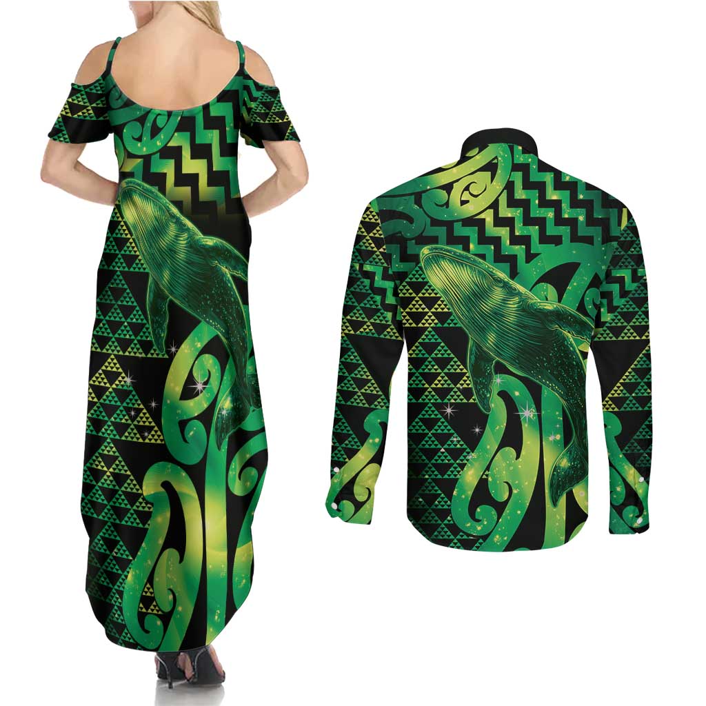 Humpback Whale Matariki New Zealand Couples Matching Summer Maxi Dress and Long Sleeve Button Shirt NZ Maori Paikea Poutama Luxury Green