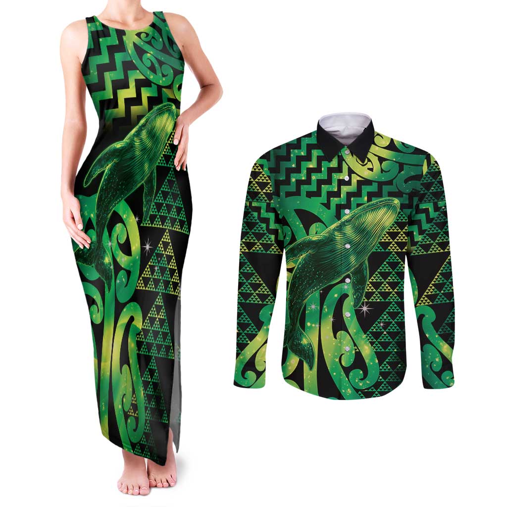 Humpback Whale Matariki New Zealand Couples Matching Tank Maxi Dress and Long Sleeve Button Shirt NZ Maori Paikea Poutama Luxury Green