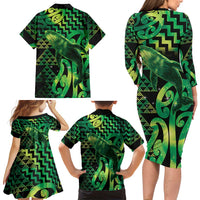 Humpback Whale Matariki New Zealand Family Matching Long Sleeve Bodycon Dress and Hawaiian Shirt NZ Maori Paikea Poutama Luxury Green