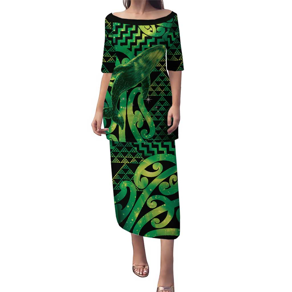 Humpback Whale Matariki New Zealand Family Matching Puletasi and Hawaiian Shirt NZ Maori Paikea Poutama Luxury Green