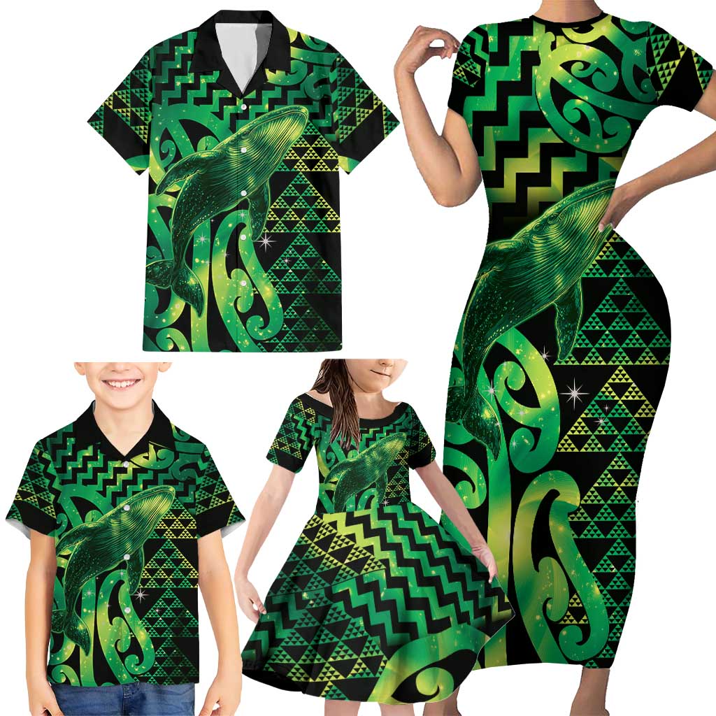 Humpback Whale Matariki New Zealand Family Matching Short Sleeve Bodycon Dress and Hawaiian Shirt NZ Maori Paikea Poutama Luxury Green