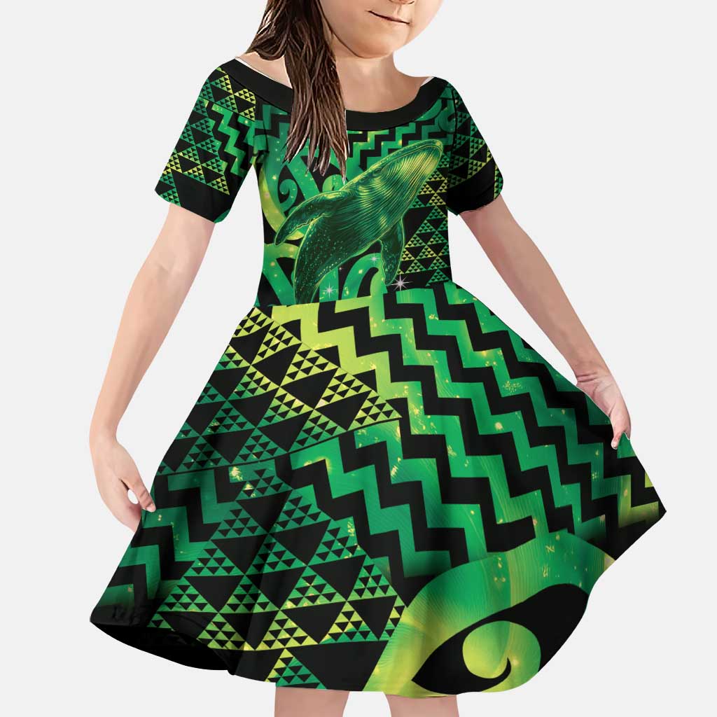 Humpback Whale Matariki New Zealand Family Matching Tank Maxi Dress and Hawaiian Shirt NZ Maori Paikea Poutama Luxury Green LT14 Daughter's Dress Green - Polynesian Pride