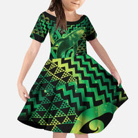 Humpback Whale Matariki New Zealand Family Matching Tank Maxi Dress and Hawaiian Shirt NZ Maori Paikea Poutama Luxury Green LT14 Daughter's Dress Green - Polynesian Pride