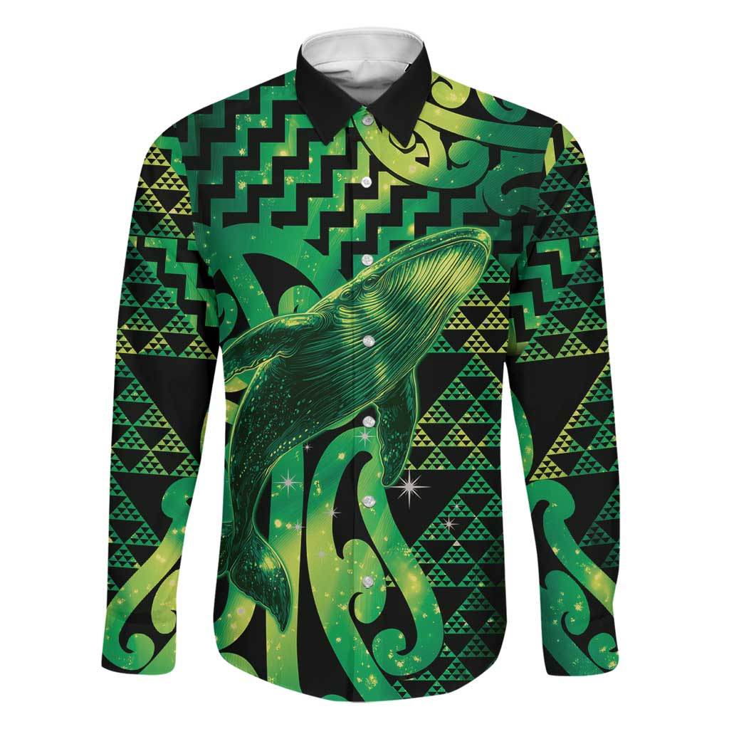 Humpback Whale Matariki New Zealand Family Matching Tank Maxi Dress and Hawaiian Shirt NZ Maori Paikea Poutama Luxury Green LT14 Dad's Shirt - Long Sleeve Green - Polynesian Pride