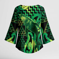 Humpback Whale Matariki New Zealand Kimono Sleeve Blouse NZ Maori Paikea Poutama Luxury Green