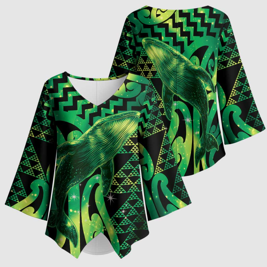 Humpback Whale Matariki New Zealand Kimono Sleeve Blouse NZ Maori Paikea Poutama Luxury Green