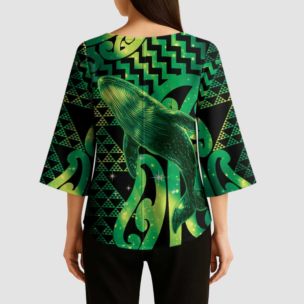 Humpback Whale Matariki New Zealand Kimono Sleeve Blouse NZ Maori Paikea Poutama Luxury Green