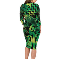 Humpback Whale Matariki New Zealand Long Sleeve Bodycon Dress NZ Maori Paikea Poutama Luxury Green