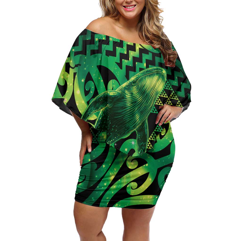 Humpback Whale Matariki New Zealand Off Shoulder Short Dress NZ Maori Paikea Poutama Luxury Green