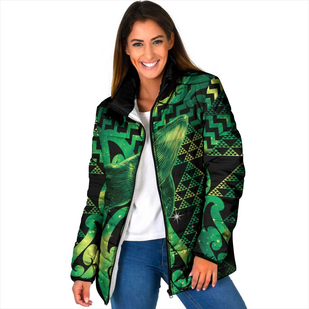 Humpback Whale Matariki New Zealand Padded Jacket NZ Maori Paikea Poutama Luxury Green