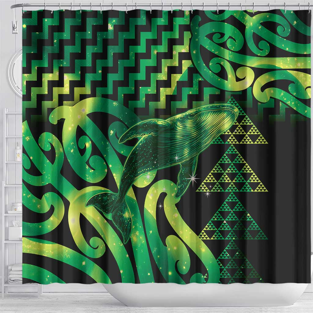 Humpback Whale Matariki New Zealand Shower Curtain NZ Maori Paikea Poutama Luxury Green