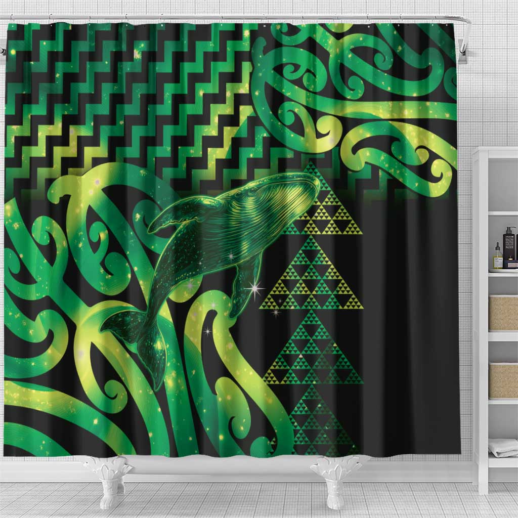 Humpback Whale Matariki New Zealand Shower Curtain NZ Maori Paikea Poutama Luxury Green