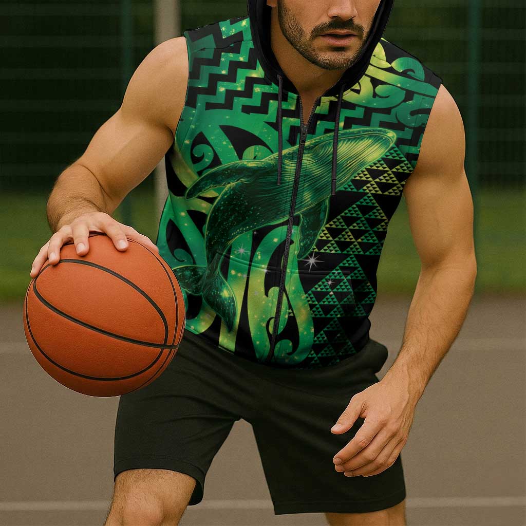 Humpback Whale Matariki New Zealand Sleeveless Zip Hoodie NZ Maori Paikea Poutama Luxury Green