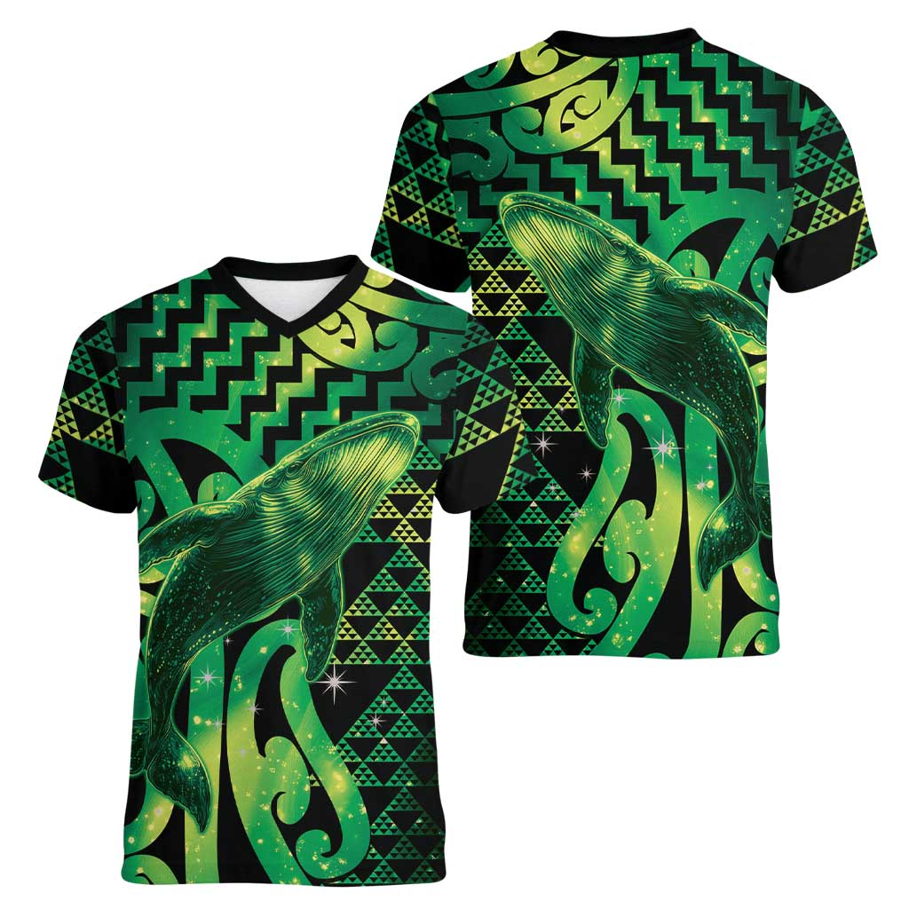 Humpback Whale Matariki New Zealand Women V-Neck T-Shirt NZ Maori Paikea Poutama Luxury Green