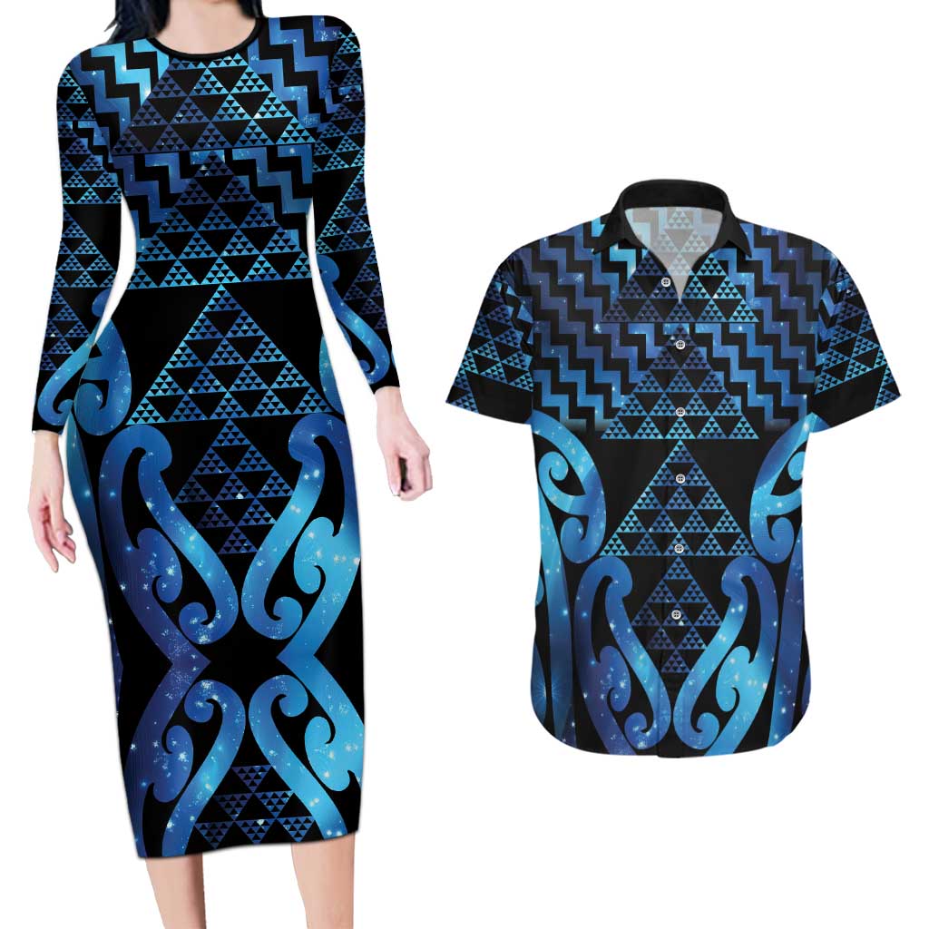 Taniko Motifs Matariki New Zealand Couples Matching Long Sleeve Bodycon Dress and Hawaiian Shirt NZ Niho Taniwha Poutama
