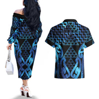 Taniko Motifs Matariki New Zealand Couples Matching Off The Shoulder Long Sleeve Dress and Hawaiian Shirt NZ Niho Taniwha Poutama