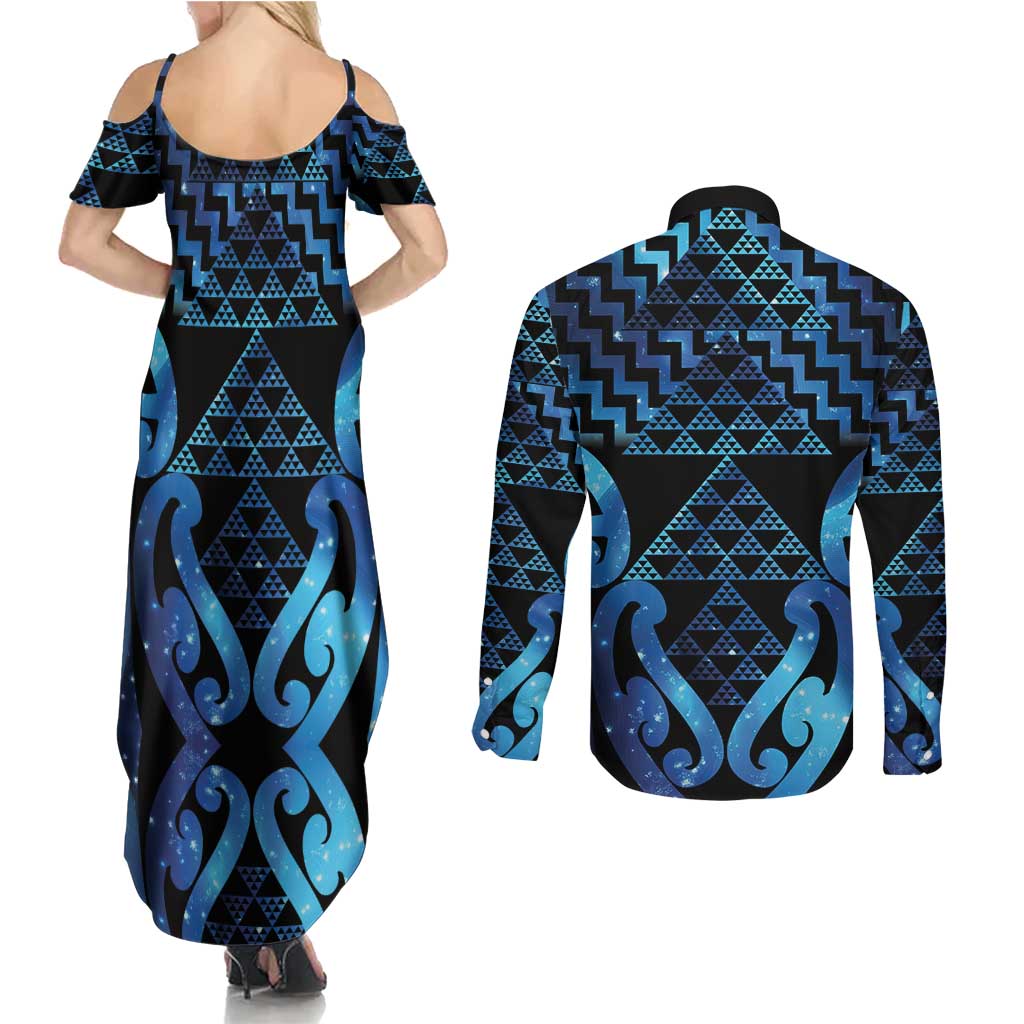Taniko Motifs Matariki New Zealand Couples Matching Summer Maxi Dress and Long Sleeve Button Shirt NZ Niho Taniwha Poutama