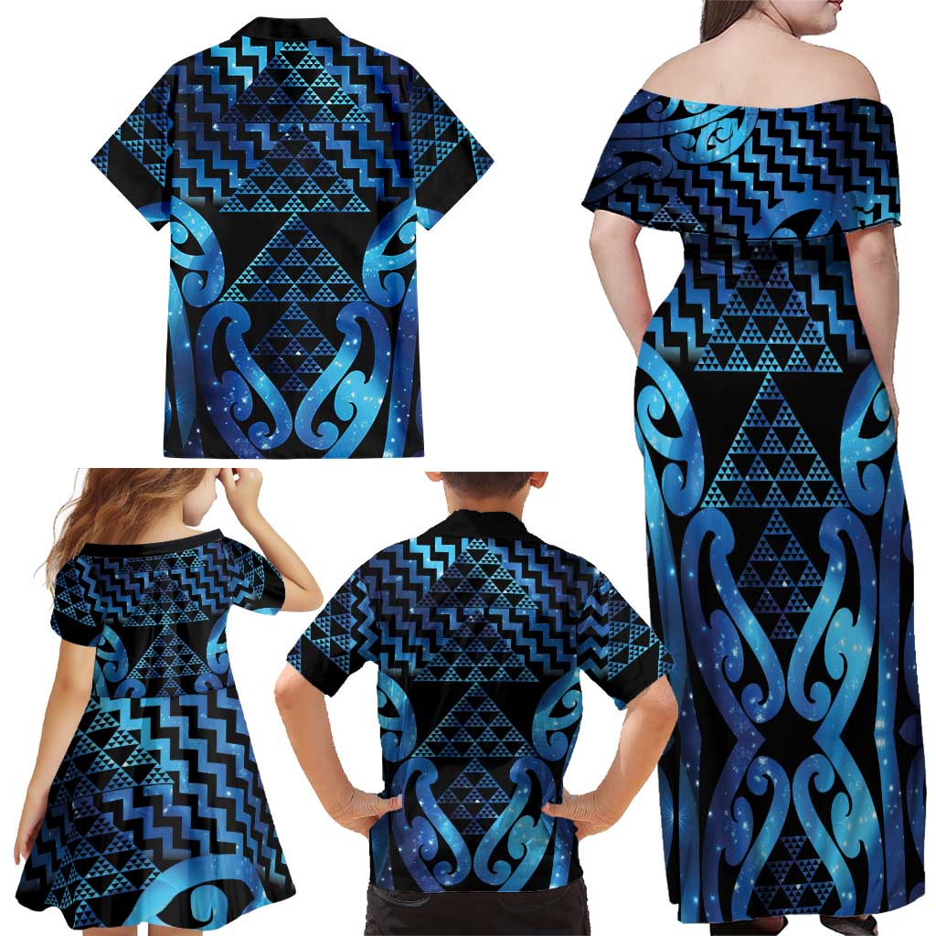 Taniko Motifs Matariki New Zealand Family Matching Off Shoulder Maxi Dress and Hawaiian Shirt NZ Niho Taniwha Poutama