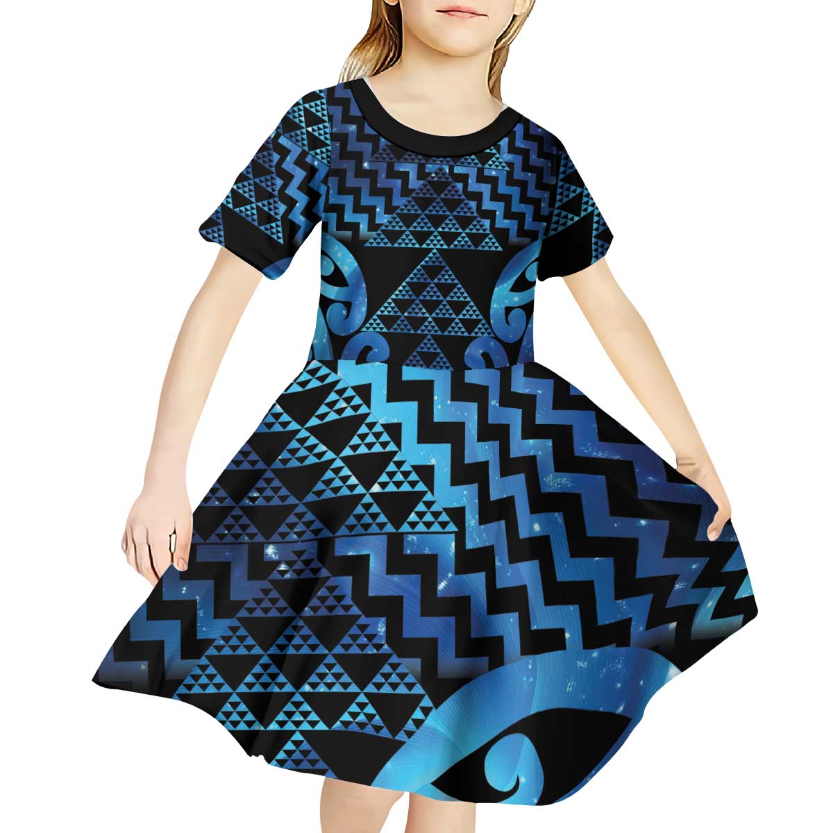 Taniko Motifs Matariki New Zealand Kid Short Sleeve Dress NZ Niho Taniwha Poutama