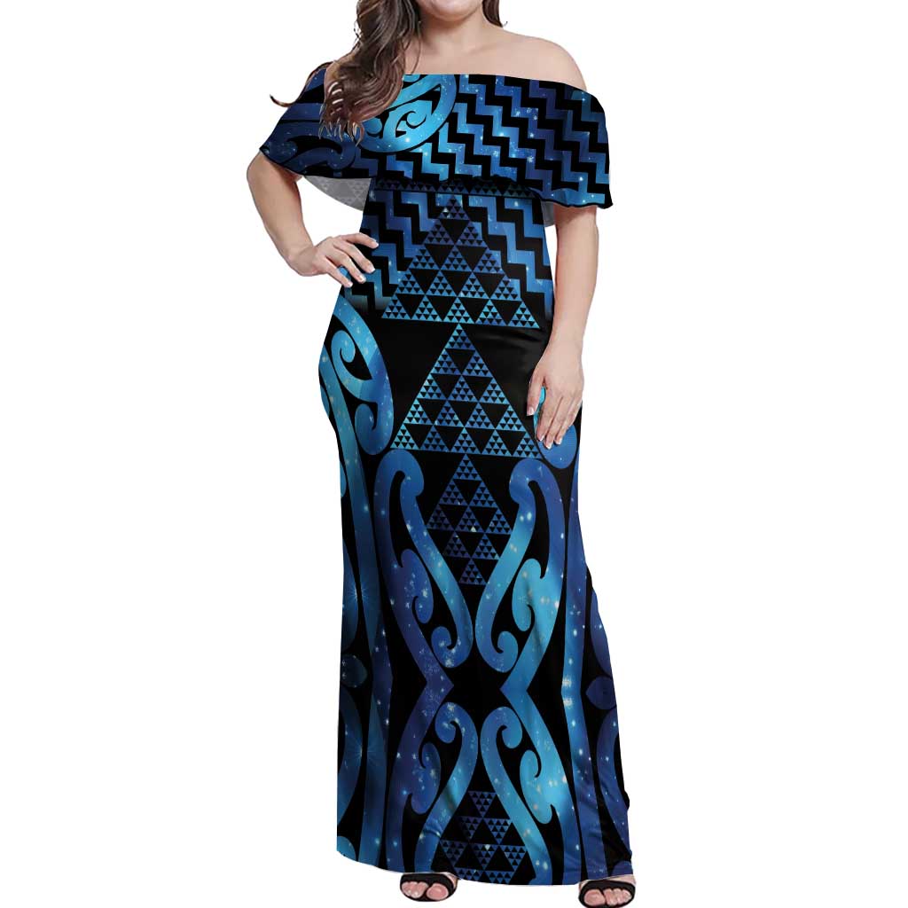 Taniko Motifs Matariki New Zealand Off Shoulder Maxi Dress NZ Niho Taniwha Poutama
