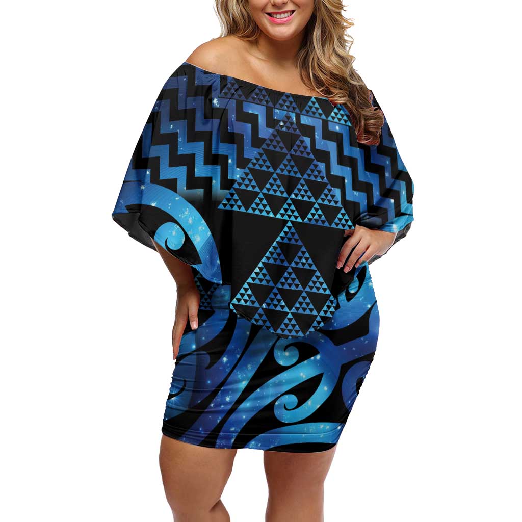 Taniko Motifs Matariki New Zealand Off Shoulder Short Dress NZ Niho Taniwha Poutama LT14 Women Blue - Polynesian Pride
