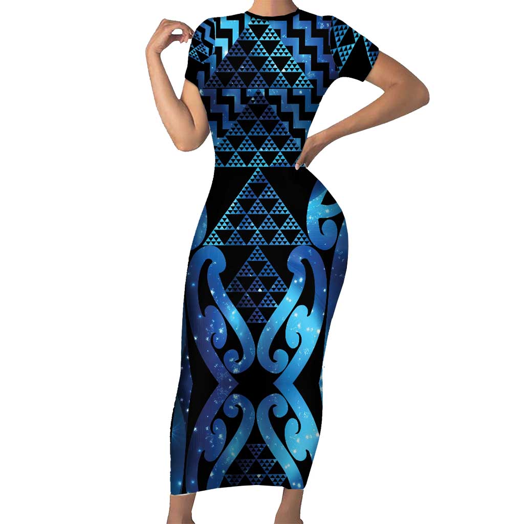 Taniko Motifs Matariki New Zealand Short Sleeve Bodycon Dress NZ Niho Taniwha Poutama