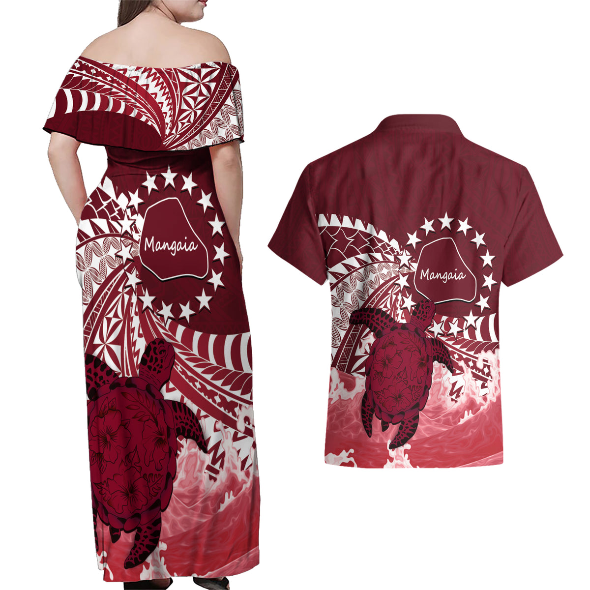 Cook Islands Mangaia Gospel Day Couples Matching Off Shoulder Maxi Dress and Hawaiian Shirt Polynesian Art With Sea Turtle