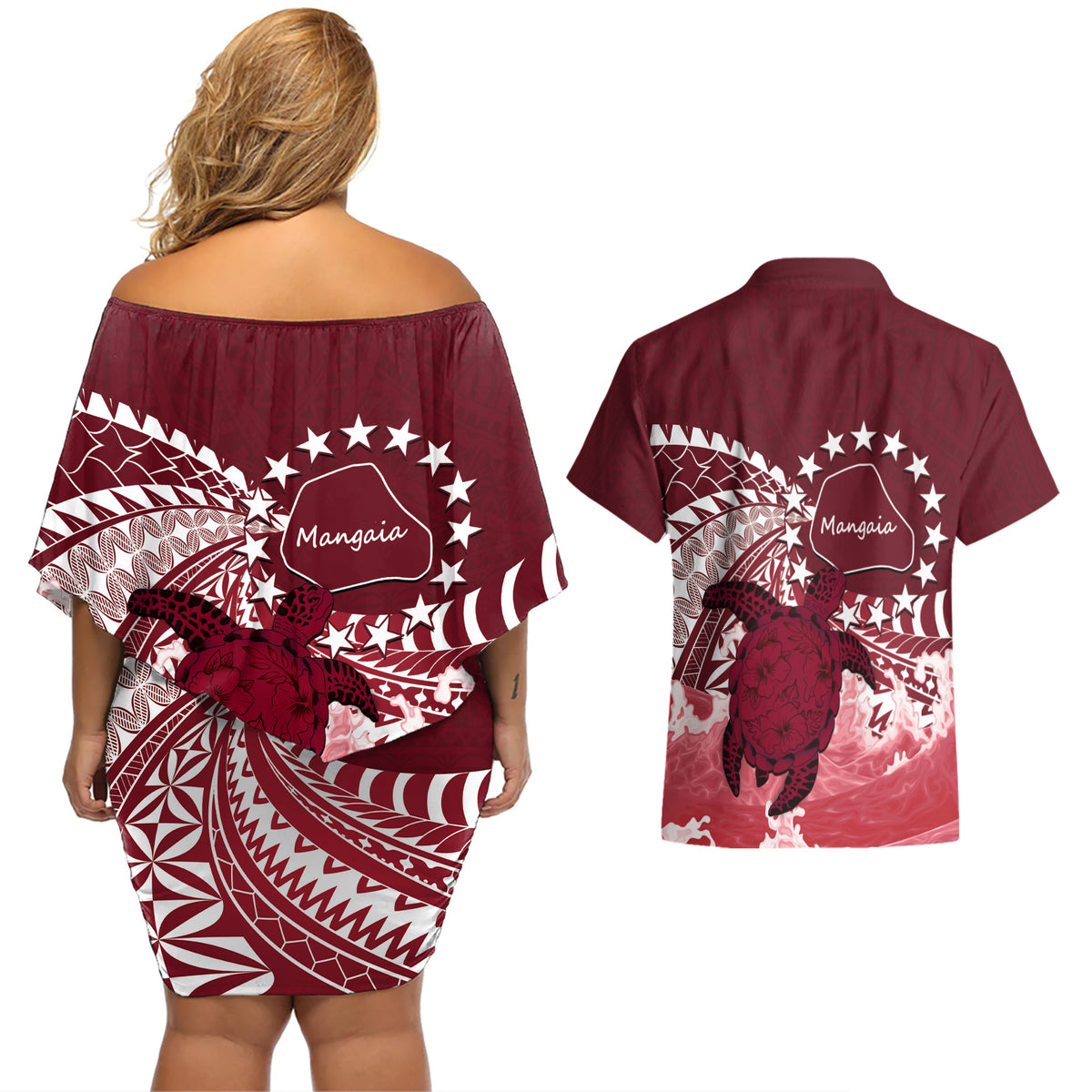 Cook Islands Mangaia Gospel Day Couples Matching Off Shoulder Short Dress and Hawaiian Shirt Polynesian Art With Sea Turtle