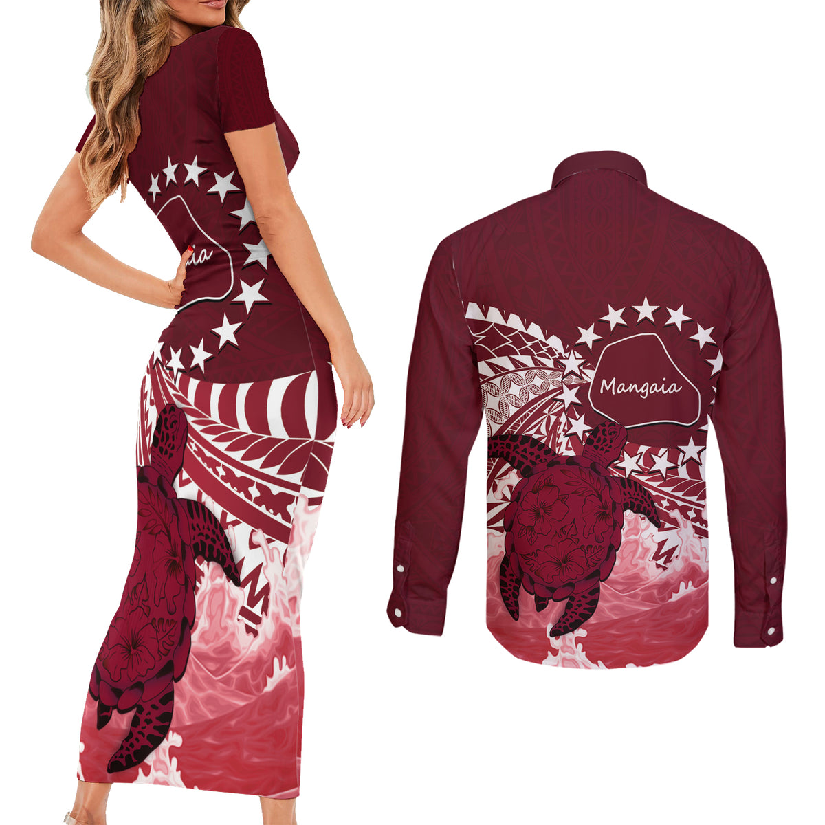 Cook Islands Mangaia Gospel Day Couples Matching Short Sleeve Bodycon Dress and Long Sleeve Button Shirt Polynesian Art With Sea Turtle