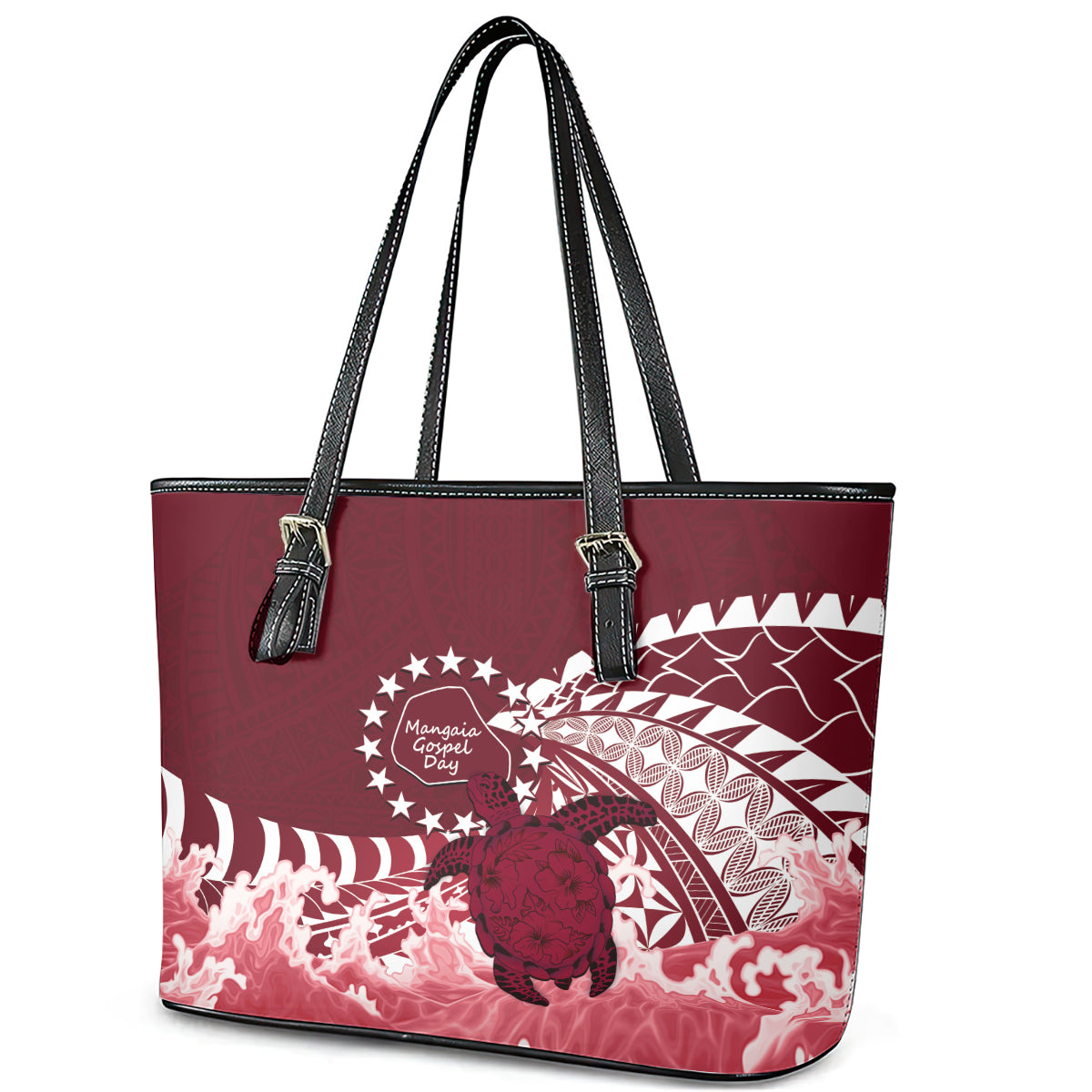 Cook Islands Mangaia Gospel Day Leather Tote Bag Polynesian Art With Sea Turtle