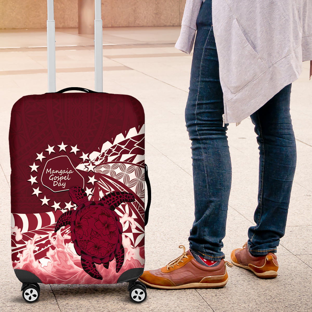 Cook Islands Mangaia Gospel Day Luggage Cover Polynesian Art With Sea Turtle LT14 Maroon - Polynesian Pride