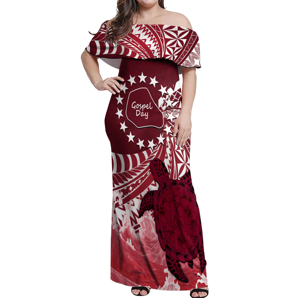 Cook Islands Mangaia Gospel Day Off Shoulder Maxi Dress Polynesian Art With Sea Turtle LT14 Women Maroon - Polynesian Pride