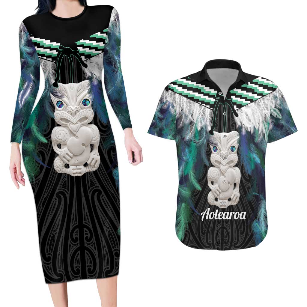 Aotearoa Korowai Motif Couples Matching Long Sleeve Bodycon Dress and Hawaiian Shirt Hei Tiki Poutama Maori Pattern