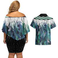 Aotearoa Korowai Motif Couples Matching Off Shoulder Short Dress and Hawaiian Shirt Hei Tiki Poutama Maori Pattern