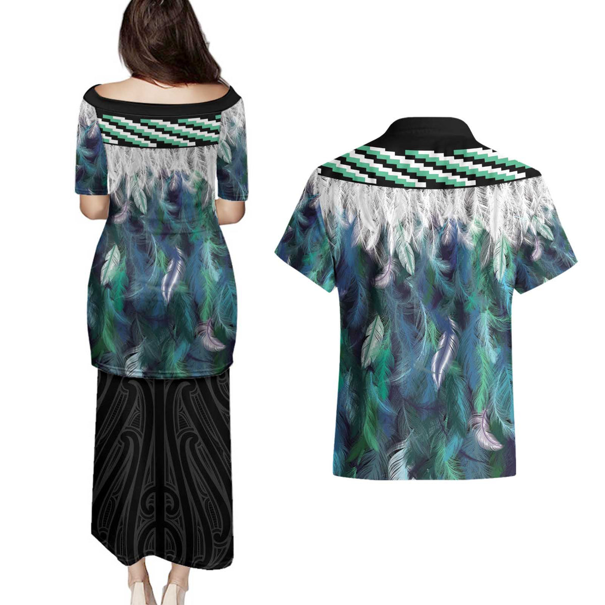 Aotearoa Korowai Motif Couples Matching Puletasi and Hawaiian Shirt Hei Tiki Poutama Maori Pattern